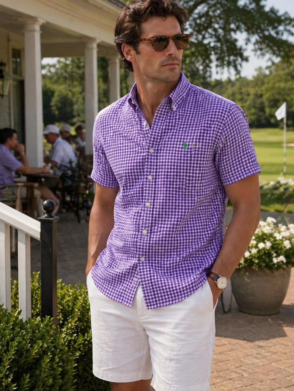 Ralph Lauren Linen Gingham Short Sleeve Shirt Mens XXL Purple White Preppy Golf